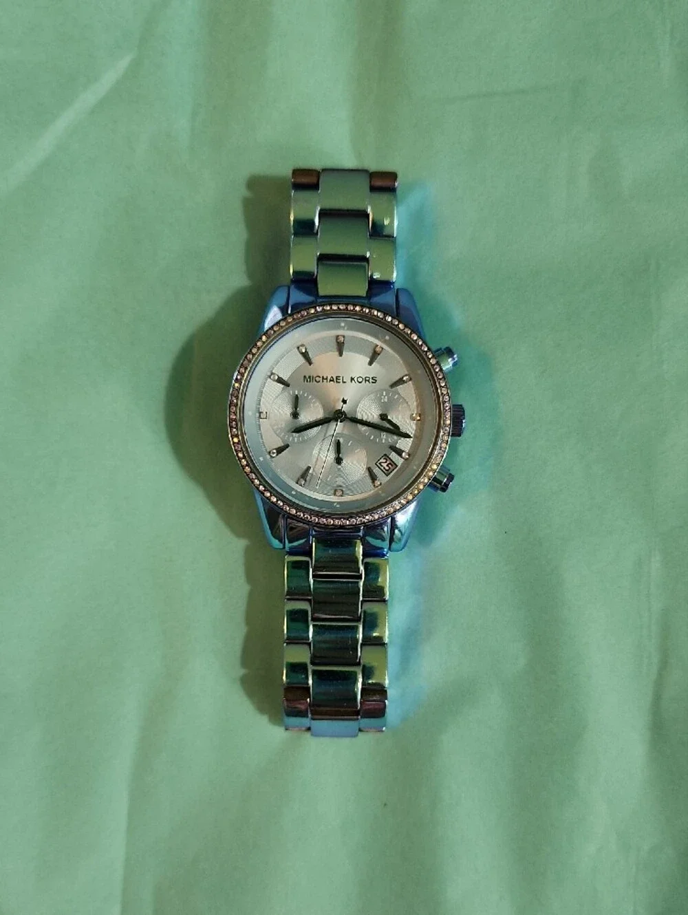 MICHAEL KORS Iridescent Blue Chronograph Watch with Crystal Bezel